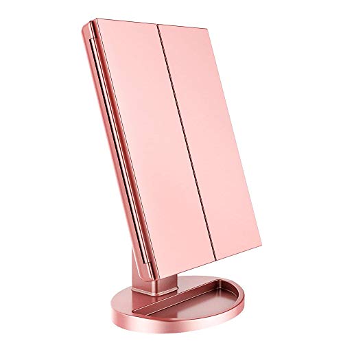 Espejo Maquillaje con Luz, Espejo de Maquillaje Tríptico con Aumento 1X, 2X, 3X, 21 Luces LED, Pantalla Táctil Lámparas, Brillo Ajustable, Rotación de 90° Espejo Cosmético Carga con USB (Oro rosa)