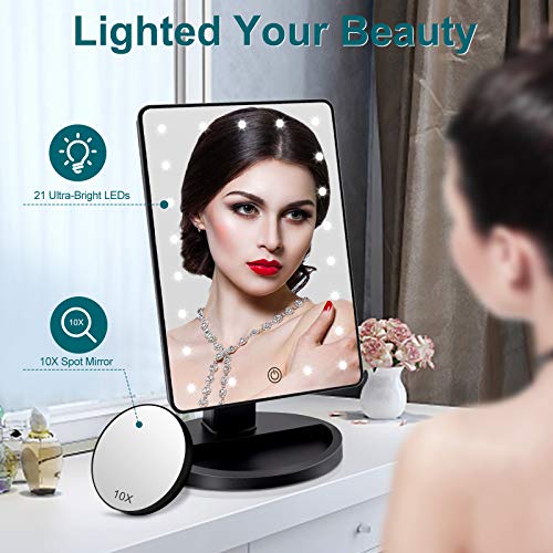 Espejo Maquillaje con Luz LED Aumento 1X/10X, Espejo Cosmético Iluminado de Mesa,180 Rotación, Brillo Adjustable Espejo de Tocador Portátil