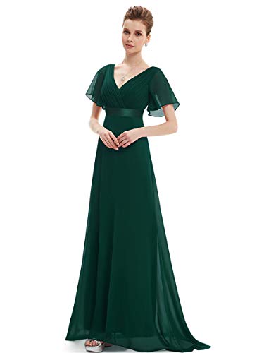 Ever-Pretty A-línea Vestito de Gala Cuello en V Manga Corta Gasa Corte Imperio para Mujer Verde Oscuro 46