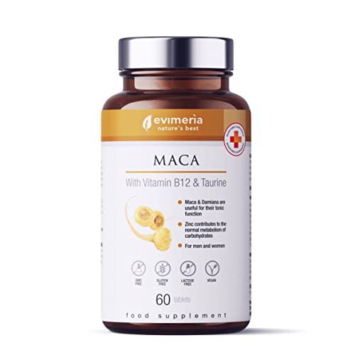 EVIMERIA Maca peruana con vitamina B12 y Taurina | Suplemento | Extractos vegetales de Maca y Damiana | Útil como tónico y para contrarrestar el estrés y la fatiga física y mental | Calidad italiana