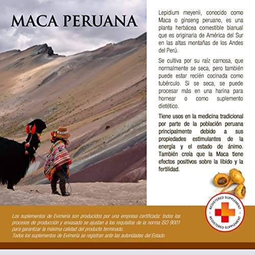 EVIMERIA Maca peruana con vitamina B12 y Taurina | Suplemento | Extractos vegetales de Maca y Damiana | Útil como tónico y para contrarrestar el estrés y la fatiga física y mental | Calidad italiana