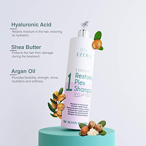 EZERO Champu Plex para Cabellos Dañados o Secos con Aminoácidos, Ácido Hialurónico, Manteca de Karité y Aceite de Argán - Producto Vegano - Aroma Flor Oriental - Profesional 300 ml