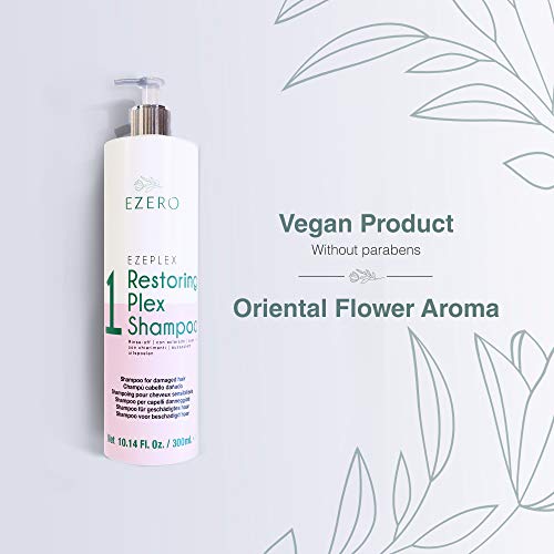 EZERO Champu Plex para Cabellos Dañados o Secos con Aminoácidos, Ácido Hialurónico, Manteca de Karité y Aceite de Argán - Producto Vegano - Aroma Flor Oriental - Profesional 300 ml