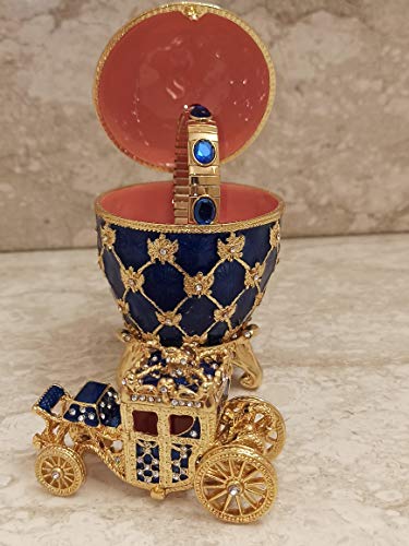 Faberge - Juego de adornos con diseño de carruaje de reina (oro de 24 quilates, con zafiros Swarovski, color azul, para boda, caja de joyería hecha a mano, 10 quilates