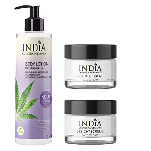 Face & Body-Set de India Cosmetics Germany, con aceite de cannabis orgánico de primera calidad. Los productos más vendidos 2 cremas faciales y 1 loción corporal