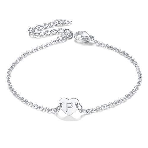 FaithHeart P Acero Inoxidable 316L Pulsera Plateada Dije Corazón con Cadenas Delgadas Rolo 16cm Joyería Elegante con Letras Primeras de Nombres