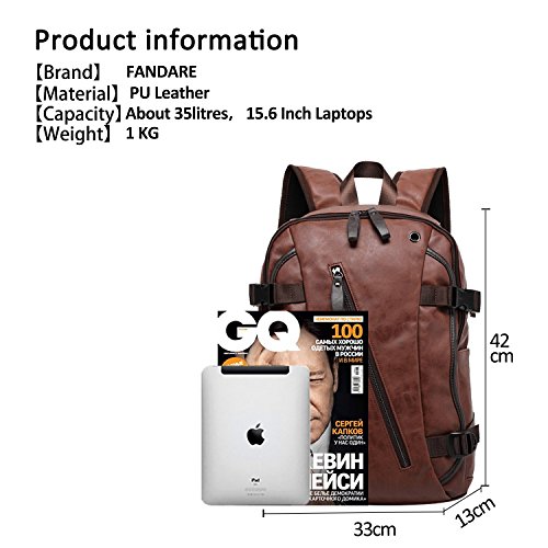 FANDARE Mochila 14 Pulgadas Mochila Portátil Negocios Senderismo Estudiante Viaje Mochila Anti-Robo Hombre/Mujeres Impermeable PU Marrón