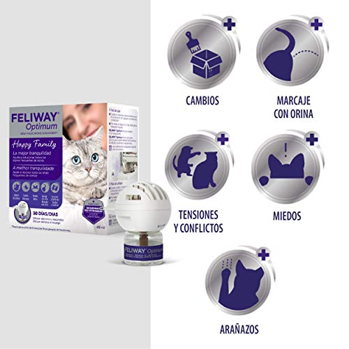 FELIWAY Optimum - Nueva Generación de Feromonas - Soluciona todos los signos de estrés del gato - Arañazos, miedos, cambios, marcaje con orina, conflictos entre gatos - Difusor + Recambio 48ml