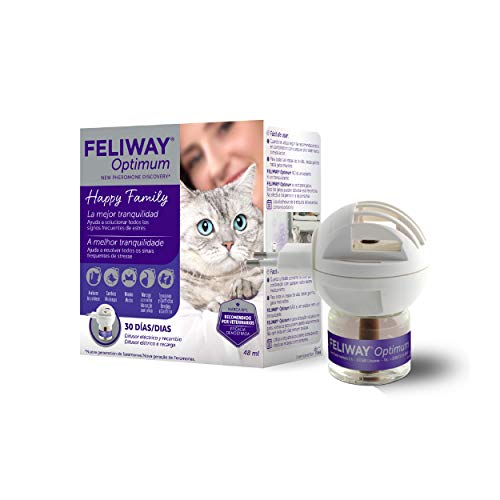 FELIWAY Optimum - Nueva Generación de Feromonas - Soluciona todos los signos de estrés del gato - Arañazos, miedos, cambios, marcaje con orina, conflictos entre gatos - Difusor + Recambio 48ml