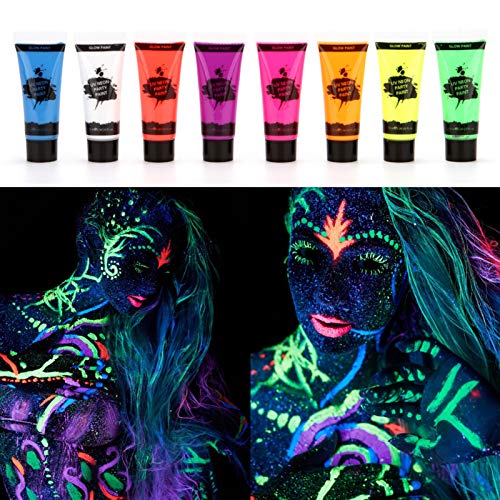 Fesjoy Kit de Pintura Facial, 8 Tubos 10ml / 0.34oz UV Neon Face & Body Paint 8 Colores Neon Fluorescent UV Blacklight Glow Safe No tóxico Bodypaint para Disfraces de Halloween Maquillaje Club