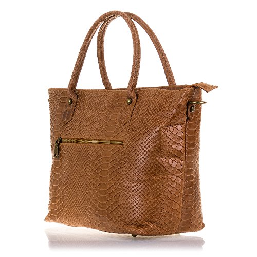 Firenze Artegiani Bolso Tote de Mujer en Piel auténtica, Acabado Grabado Serpiente y Lacado, 36 cm, Marrón