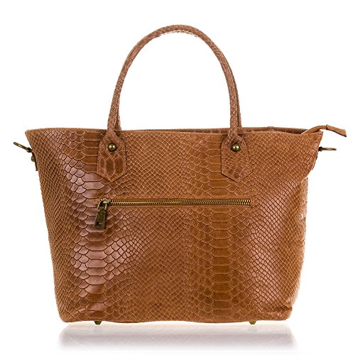 Firenze Artegiani Bolso Tote de Mujer en Piel auténtica, Acabado Grabado Serpiente y Lacado, 36 cm, Marrón