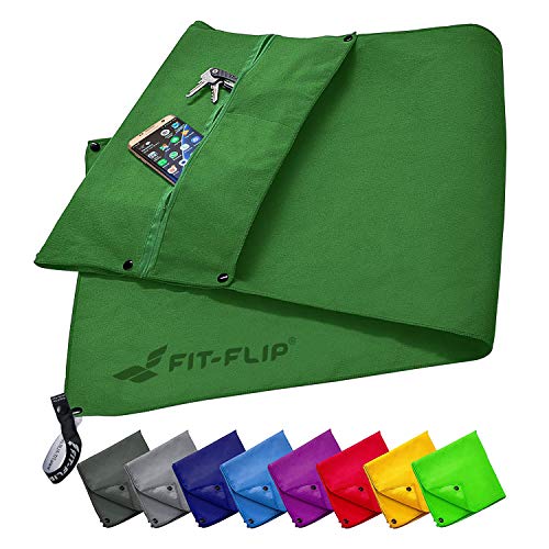 Fit-Flip Juego de Toallas Fitness con Compartimento con Cremallera + Clip magnético + Toalla de Deporte Extra – Toalla Multi Funcional Pendiente de Patente, Toalla de Microfibra – Verde Musgo