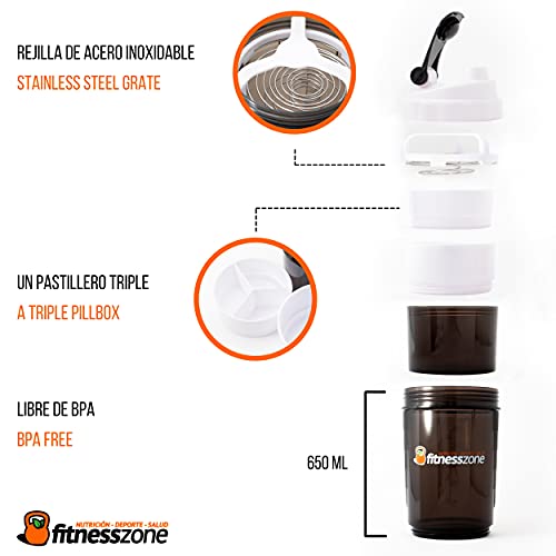 FITNESS ZONE | Shaker 650 ml Libre de BPA | Bottle Cocktail Multiusos Para Batidos, Proteínas u Otras Bebidas | Tapón Anti-Apertura | Coctelera y Mezcladora con Compartimentos y Rejilla de Acero