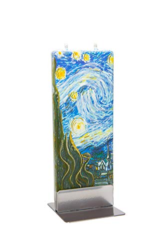 Flatyz Vela plana pintada a mano, sin perfume, sin goteo, sin humo, decorativa | Van Gogh - Noche estrellada | Doble mecha con base de metal | Idea de regalo única y acento de decoración del hogar