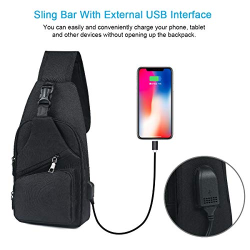 flintronic Sling Bag, Bolsa de Pecho con Puerto de Carga USB y Puerto para Auriculares, Hombres Mujeres Senderismo Ligero Mochila de Viaje (Incluye 1 Cable USB + 1 Gancho de Escalada)