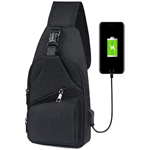 flintronic Sling Bag, Bolsa de Pecho con Puerto de Carga USB y Puerto para Auriculares, Hombres Mujeres Senderismo Ligero Mochila de Viaje (Incluye 1 Cable USB + 1 Gancho de Escalada)