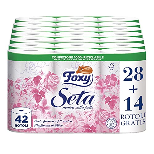 Foxy Seta | Papel higiénico neutro en la piel | 28+14 rollos, 28 + 14 Gratis| 216 desgarros por rollo | 2 capas de alto grosor | Papel 100% certificado FSC | Paquete 100% reciclable