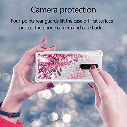 Funda con Cuerda para Xiaomi Redmi Note 8 Pro, Carcasa Brillante Glitter Transparente TPU Silicona Protección Case con Ajustable Colgante Correa de Cuello Cadena Cordón, Caso de Arena movediza in Rosa