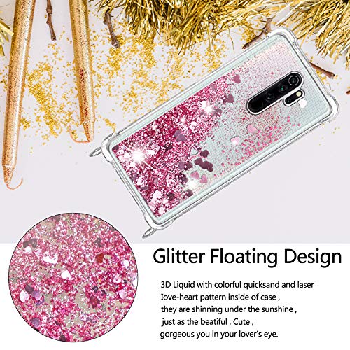 Funda con Cuerda para Xiaomi Redmi Note 8 Pro, Carcasa Brillante Glitter Transparente TPU Silicona Protección Case con Ajustable Colgante Correa de Cuello Cadena Cordón, Caso de Arena movediza in Rosa