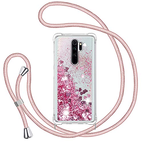 Funda con Cuerda para Xiaomi Redmi Note 8 Pro, Carcasa Brillante Glitter Transparente TPU Silicona Protección Case con Ajustable Colgante Correa de Cuello Cadena Cordón, Caso de Arena movediza in Rosa