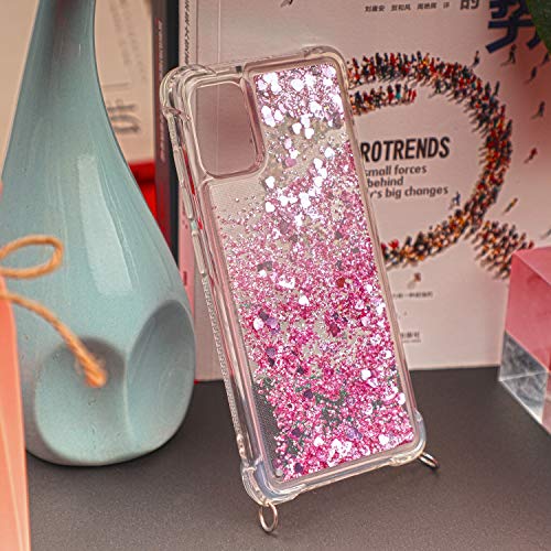 Funda con Cuerda para Xiaomi Redmi Note 8 Pro, Carcasa Brillante Glitter Transparente TPU Silicona Protección Case con Ajustable Colgante Correa de Cuello Cadena Cordón, Caso de Arena movediza in Rosa