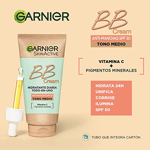 Garnier BB Cream Anti-Manchas FPS 50 Hidratante Todo en uno con color tono medio. Glicerina vegetal + Vitamina E, Unifica, Protege e Hidrata - 50 ml