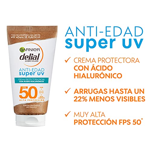 GARNIER DELIAL Crema Protectora Facial Anti Edad con Ácido Hialurónico y SPF 50, Reduce Arrugas y Líneas de Expresión 50ml