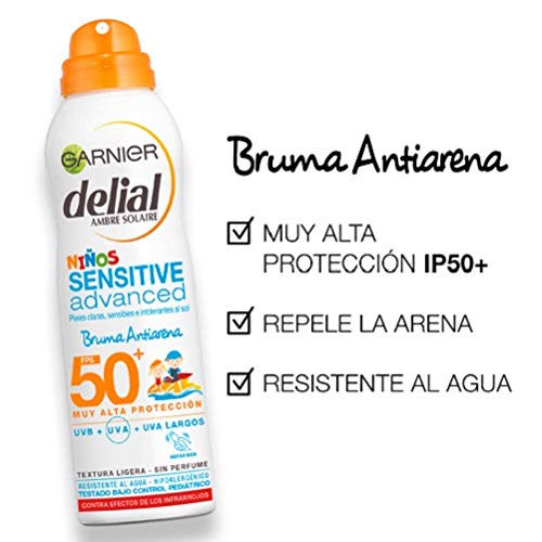 Garnier Delial Kit Sensitive Niños: Leche Protectora Solar IP50+, Spray Protector Solar Bruma Anti-Arena IP50+ y Balón de playa - Leche 400 ml, Spray 200 ml