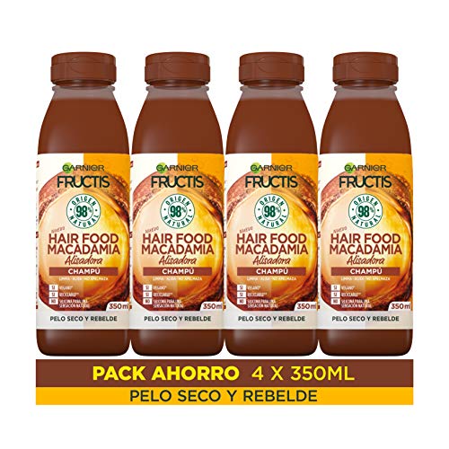 Garnier Fructis Hair Food Champú Macadamia Alisadora, indicado para Pelo Seco y Rebelde - Pack de 4 x 350 ml