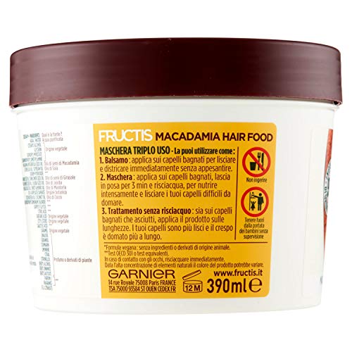 Garnier Fructis Hair Food Macadamia Mascarilla Alisante 3 en 1, con fórmula vegana para cabello encrespado - 390 ml.