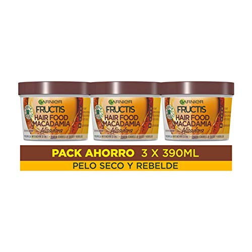 Garnier Fructis Hair Food Mascarilla 3 en 1 Macadamia Alisadora, indicada para Pelo Seco y Rebelde - Pack de 3 x 390 ml