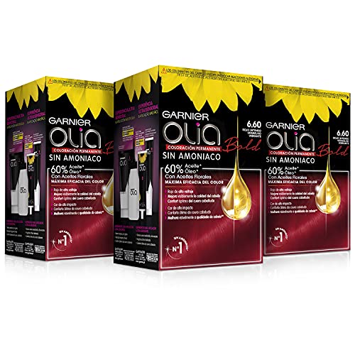 Garnier Olia - Pack de 3 coloración permanente sin amoniaco para un olor agradable con aceites florales de origen natural, color tono 6.60 bold rojo intenso