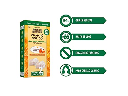 Garnier Original Remedies, Champú Sólido, Tesoros de Miel para Cabello Dañado y Quebradizo, Miel y Cera de Abeja Protectora, Nutre y Repara el Pelo, 94% Origen Vegetal, 48 Usos, Pack de 2, 60 g