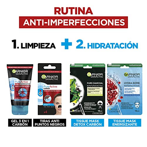 Garnier Pure Active Pack Maskné Anti Imperfecciones, Gel Limpiador Carbón 3 En, Tiras Carbón Anti-puntos Negros, Tissue Mask Carbón Detox Y Tissue Mask Energizante 50ml 4 Tiras, 2x28 G