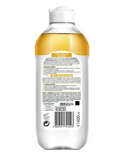 Garnier Skin Active Agua Micelar en Aceite, Elimina el Maquillaje de Larga Duración y Waterproof, Desmaquilla, Limpia y Nutre Labios, Ojos y Rostro, Sin Acabado Graso, Pack 2x400ml +1 x100ml