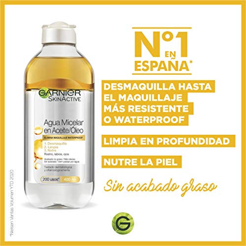 Garnier Skin Active Agua Micelar en Aceite, Elimina el Maquillaje de Larga Duración y Waterproof, Desmaquilla, Limpia y Nutre Labios, Ojos y Rostro, Sin Acabado Graso, Pack 2x400ml +1 x100ml