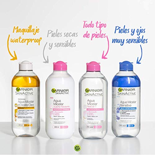 Garnier Skin Active Agua Micelar en Aceite, Elimina el Maquillaje de Larga Duración y Waterproof, Desmaquilla, Limpia y Nutre Labios, Ojos y Rostro, Sin Acabado Graso, Pack 2x400ml +1 x100ml