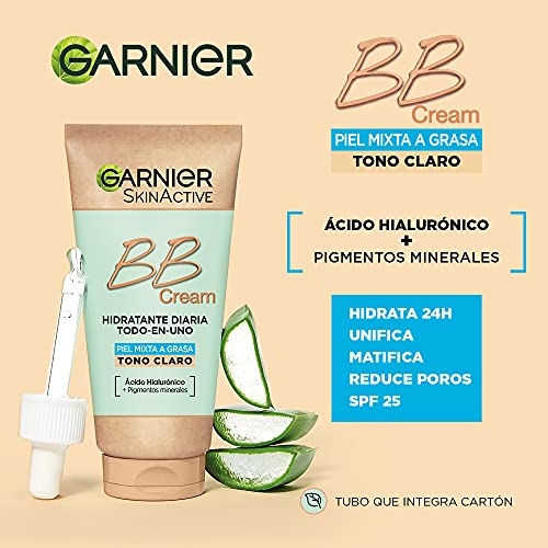 Garnier Skin Active - BB Cream (para pieles mixtas a grasas, con SPF 25, Ácido Hialuronico, Extracto de Aloe Vera y Pigmentos Minerales, Hidrata, Unifica, Corrige e Ilumina piel) Tono claro - 50 ml