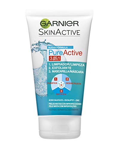 Garnier Skin Active Gel 3 en 1 Arcilla, para Pieles Mixtas a Grasas, Limpia, Exfolia y Matifica, Pack de 2 x 150ml