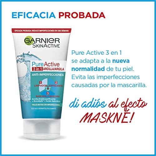 Garnier Skin Active Gel 3 en 1 Arcilla, para Pieles Mixtas a Grasas, Limpia, Exfolia y Matifica, Pack de 2 x 150ml