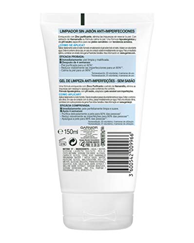 Garnier Skin Active Limpiador de Poros Sin Jabón Anti Imperfecciones, Limpia y Matifica, Purifica y Reduce Imperfecciones en 4 Semanas, para Pieles Sensibles, Pack x 2, 150 ml