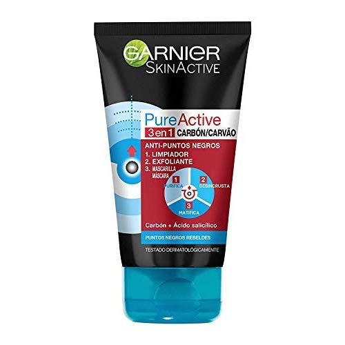 Garnier Skin Active - Pure Active, Gel Limpiador de Poros y Exfoliante Facial con Carbón 3 en 1 - Pack 2 unidades x 150 ml - Total: 300 ml