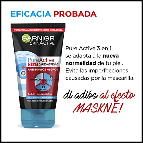 Garnier Skin Active - Pure Active, Gel Limpiador de Poros y Exfoliante Facial con Carbón 3 en 1 - Pack 2 unidades x 150 ml - Total: 300 ml