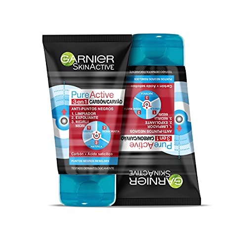 Garnier Skin Active - Pure Active, Gel Limpiador de Poros y Exfoliante Facial con Carbón 3 en 1 - Pack 2 unidades x 150 ml - Total: 300 ml