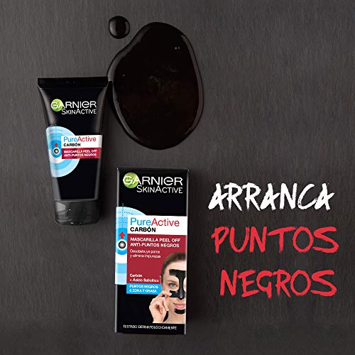 Garnier Skin Active PureActive - Mascarilla Negra Peel Off con Carbón y Ácido Salicílico Anti Puntos Negros, Espinillas y Poros de la Nariz, 50 ml