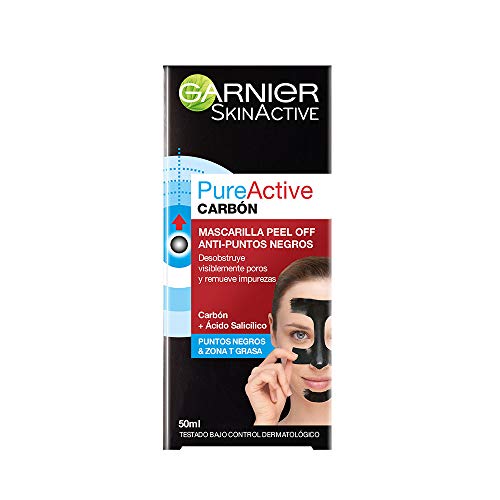 Garnier Skin Active PureActive - Mascarilla Negra Peel Off con Carbón y Ácido Salicílico Anti Puntos Negros, Espinillas y Poros de la Nariz, 50 ml