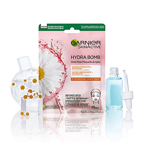 Garnier Skin Active, Tissu Mask Calmante, Mascarilla Facial de Tejido con Camomila y Ácido Hialurónico para Pieles Secas y Sensibles, Suaviza y Alivia la Piel, 5 Unidades