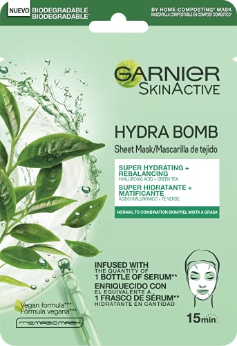 Garnier Skin Active, Tissu Mask Matificante, Mascarilla Facial de Tejido con Té Verde y Ácido Hialurónico para Pieles Mixtas a Grasas, Hidrata y Matifica la Piel, 5 Unidades