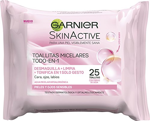 Garnier Skin Active - Toallitas Micelares Todo en Uno, Desmaquillantes, Limpiadoras y Tonificantes para Pieles, Labios y Ojos Sensibles - 25 Unidades